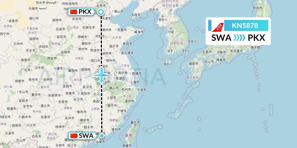 KN5878 China United Airlines Flight Map: Jieyang to Beijing