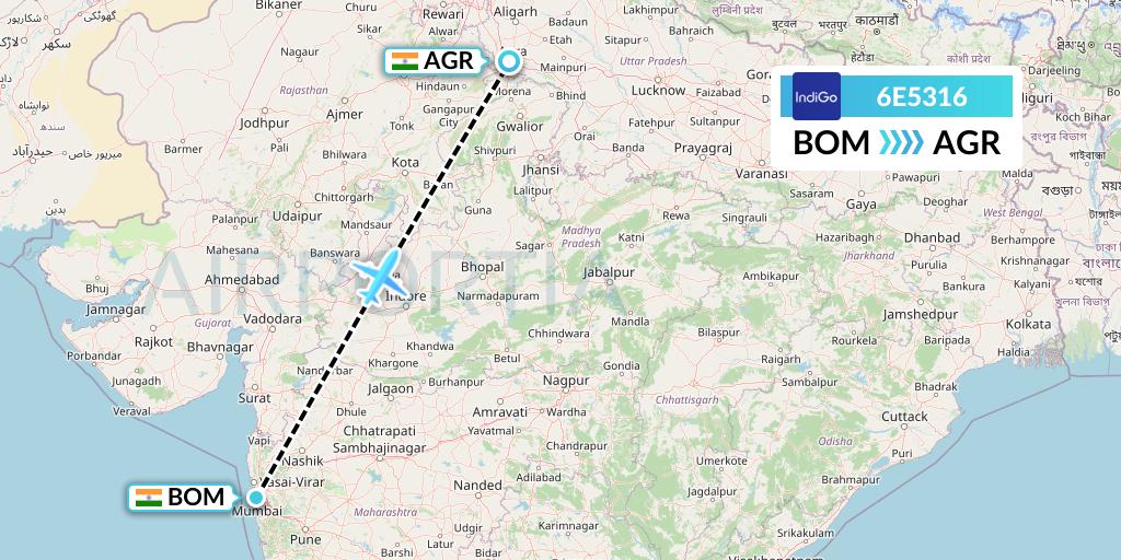 6E5316 IndiGo Airlines Flight Map: Mumbai to Agra