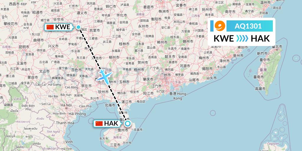 AQ1301 9 Air Flight Map: Guiyang to Haikou