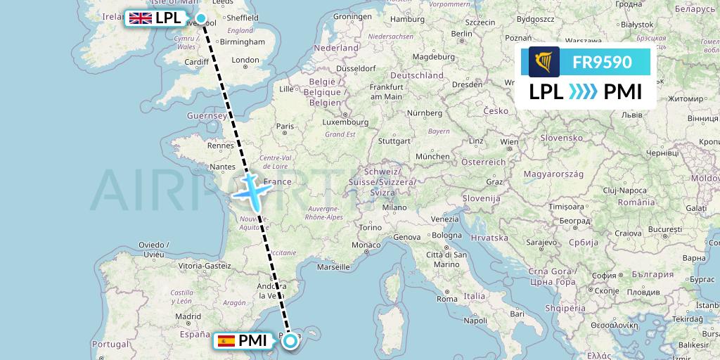 FR9590 Ryanair Flight Map: Liverpool to Palma de Mallorca