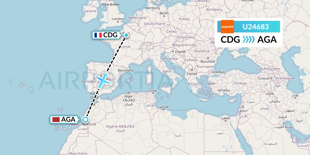 U24683 EasyJet Flight Map: Paris to Agadir