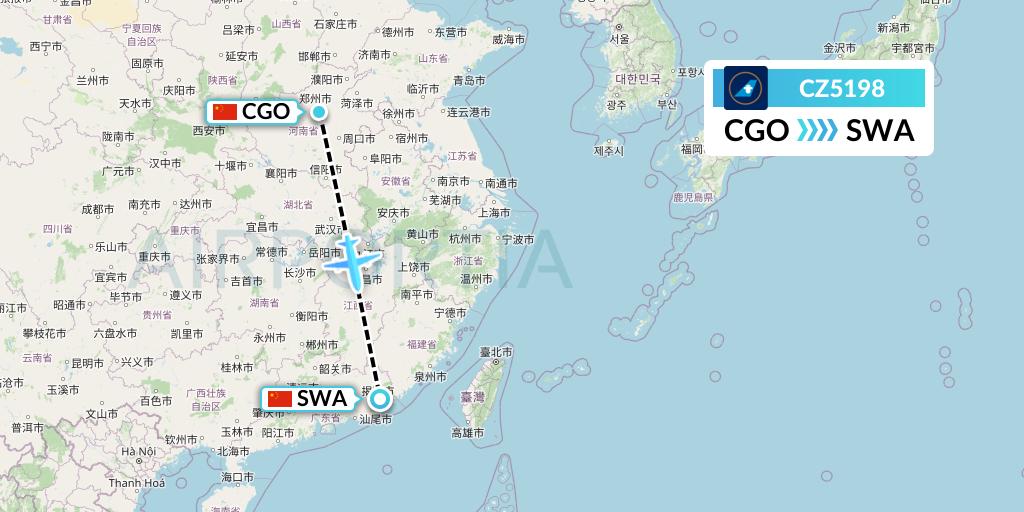 CZ5198 China Southern Airlines Flight Map: Zhengzhou to Jieyang