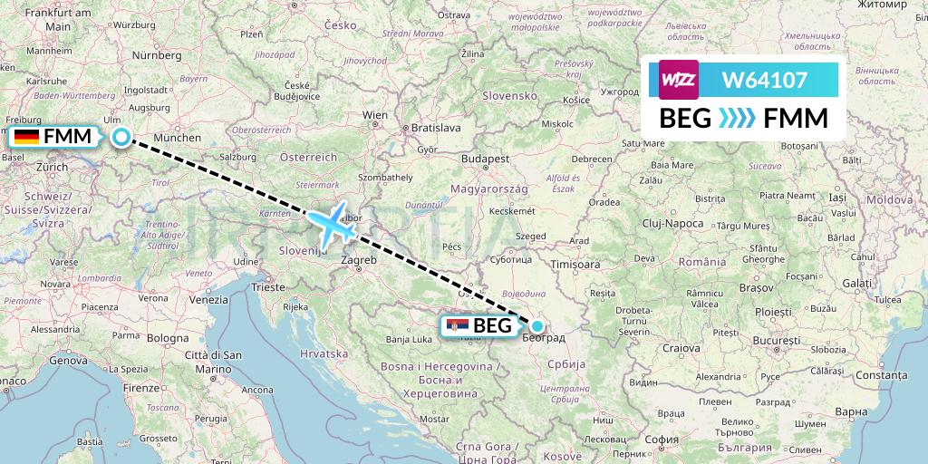 W64107 Wizz Air Flight Map: Belgrade to Memmingen
