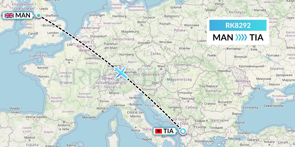 RK8292 Ryanair UK Flight Map: Manchester to Tirana