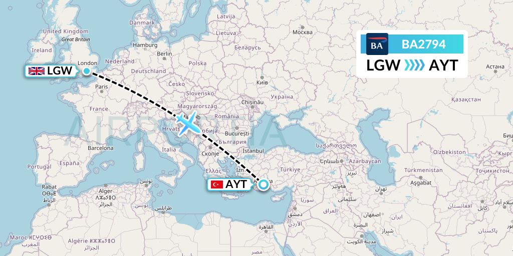 BA2794 British Airways Flight Map: London to Antalya
