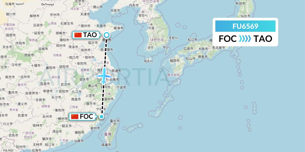 FU6569 Fuzhou Airlines Flight Map: Fuzhou to Qingdao
