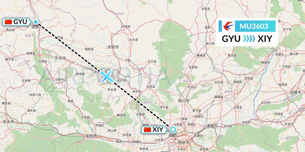 MU3603 China Eastern Airlines Flight Map: Guyuan to Xi'an