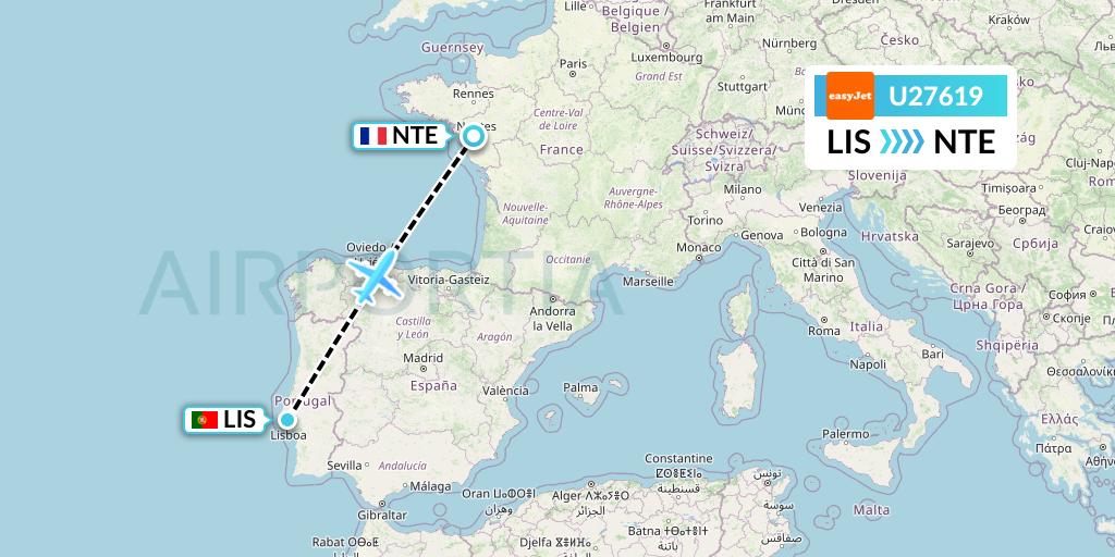 U27619 EasyJet Flight Map: Lisbon to Nantes