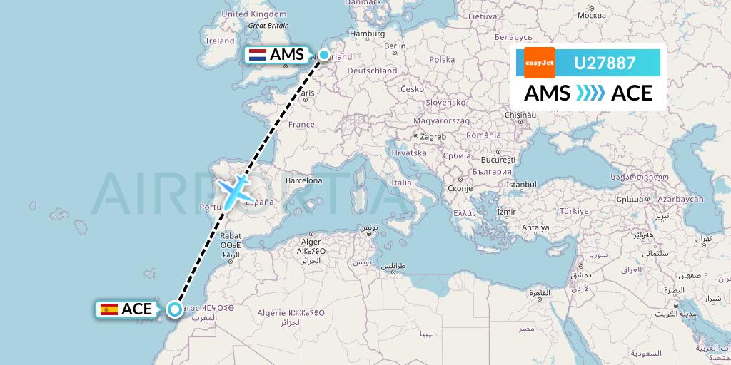 U27887 EasyJet Flight Map: Amsterdam to Lanzarote