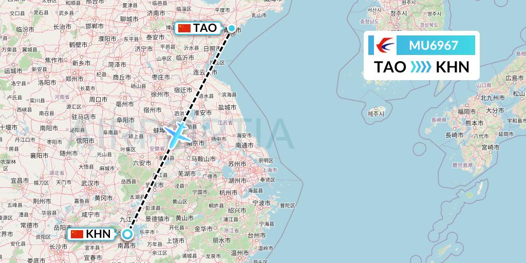 MU6967 China Eastern Airlines Flight Map: Qingdao to Nanchang