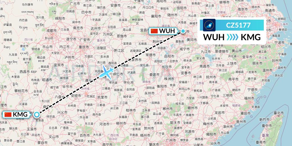 CZ5177 China Southern Airlines Flight Map: Wuhan to Kunming