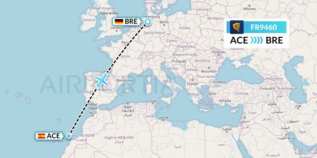 FR9460 Ryanair Flight Map: Lanzarote to Bremen
