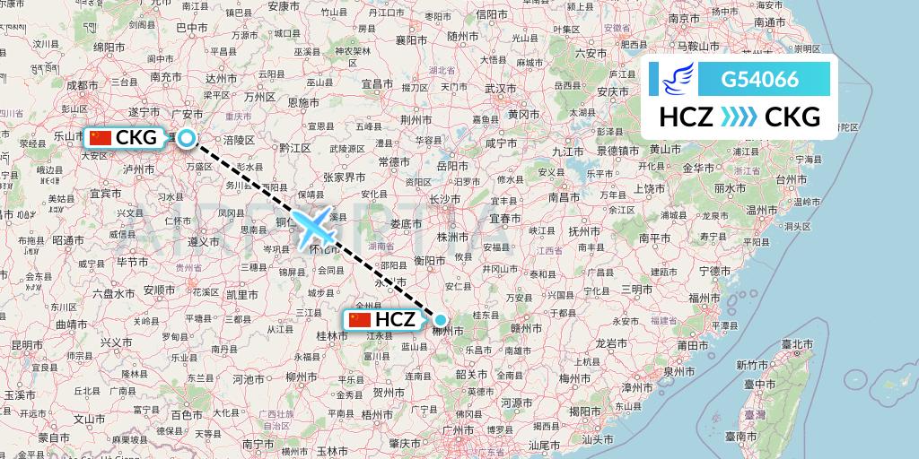 G54066 China Express Airlines Flight Map: Shaoguan to Chongqing