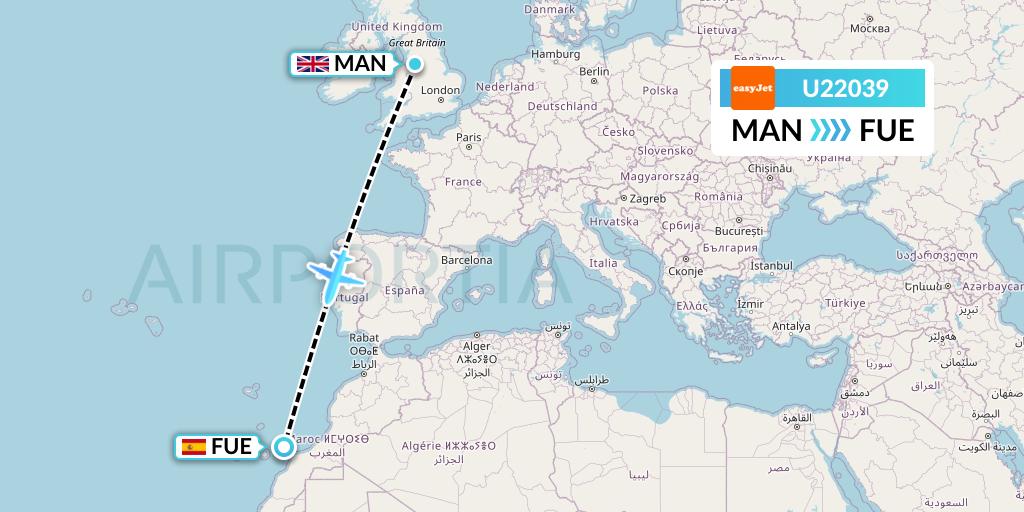 U22039 EasyJet Flight Map: Manchester to Fuerteventura