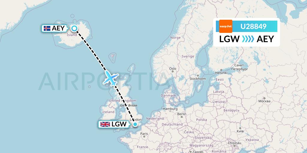 U28849 EasyJet Flight Map: London to Akureyri