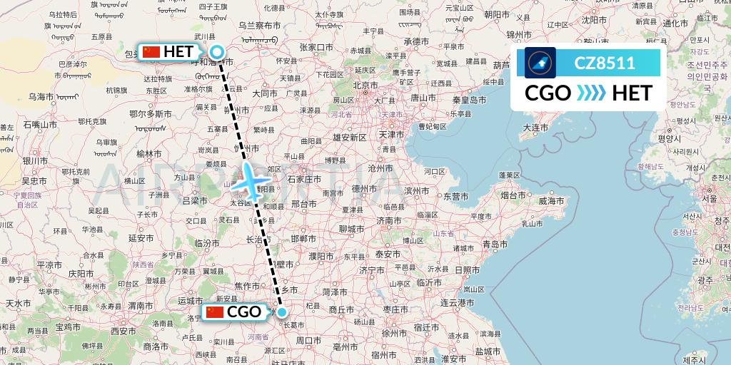CZ8511 China Southern Airlines Flight Map: Zhengzhou to Hohhot