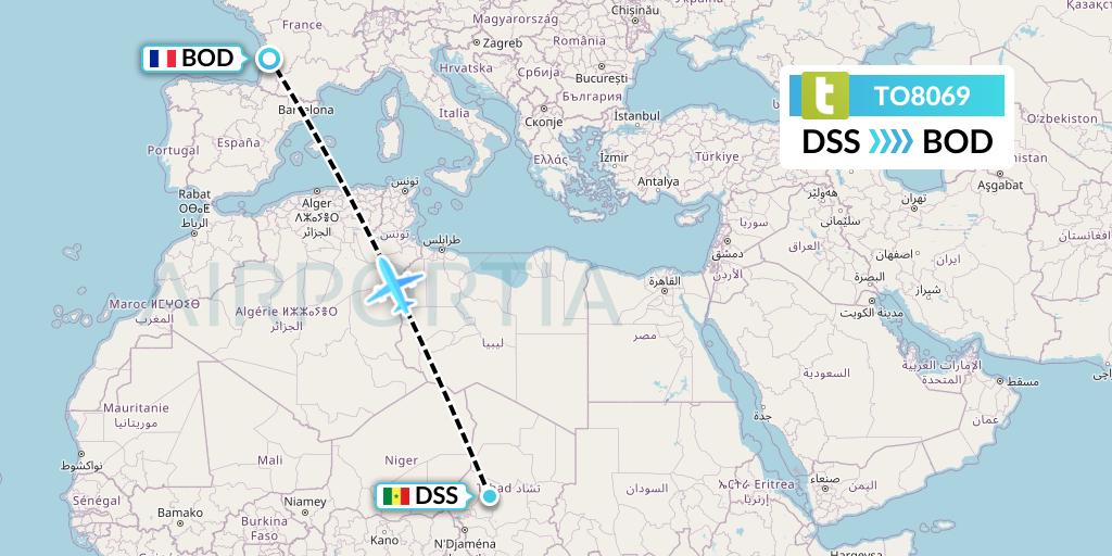 TO8069 Transavia France Flight Map: Dakar to Bordeaux