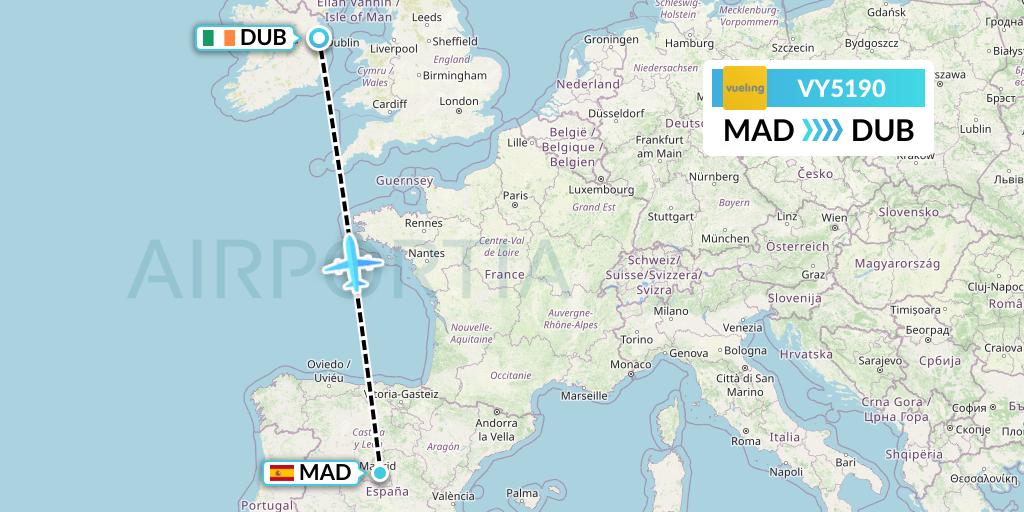 VY5190 Vueling Flight Map: Madrid to Dublin