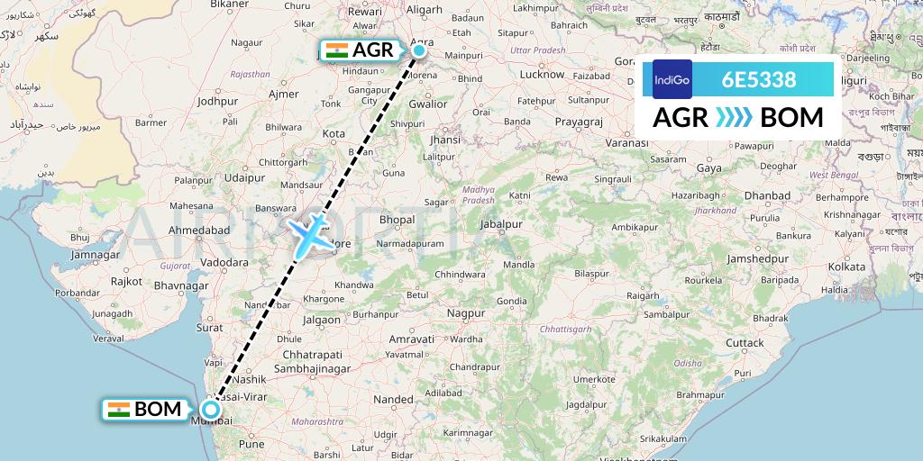 6E5338 IndiGo Airlines Flight Map: Agra to Mumbai