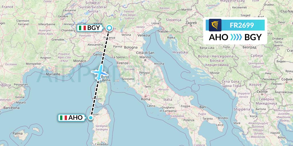 FR2699 Ryanair Flight Map: Alghero to Milan