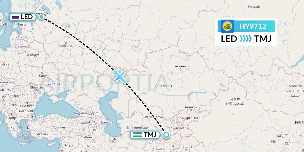 HY9712 Uzbekistan Airways Flight Map: St. Petersburg to Termez