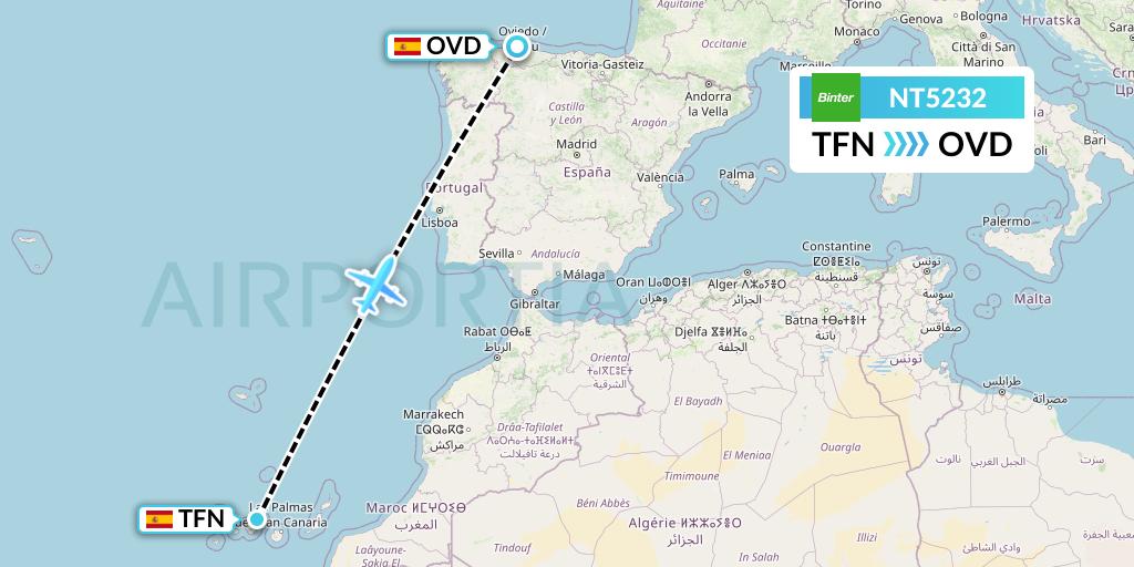 NT5232 Binter Canarias Flight Map: Tenerife to Asturias