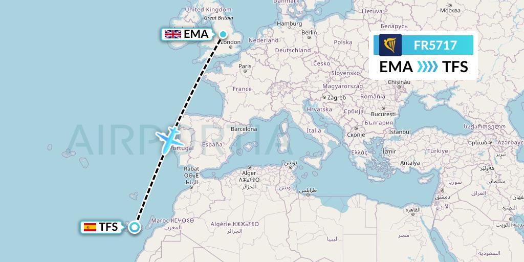 FR5717 Ryanair Flight Map: East Midlands to Tenerife