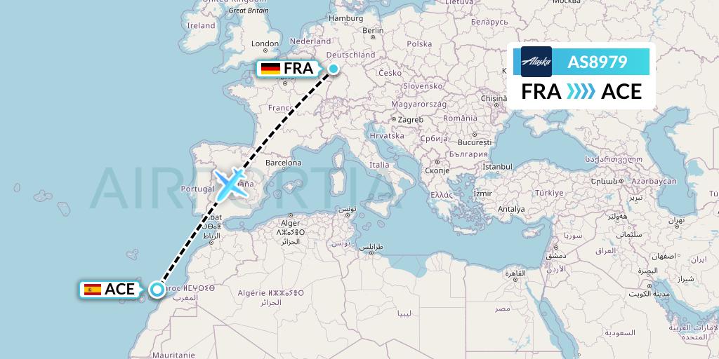 AS8979 Alaska Airlines Flight Map: Frankfurt to Lanzarote