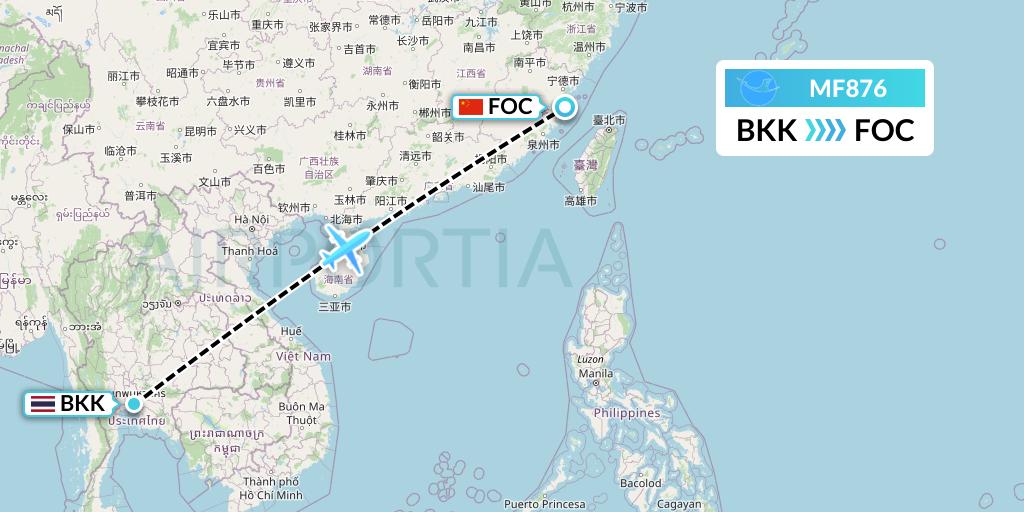MF876 Xiamen Airlines Flight Map: Bangkok to Fuzhou