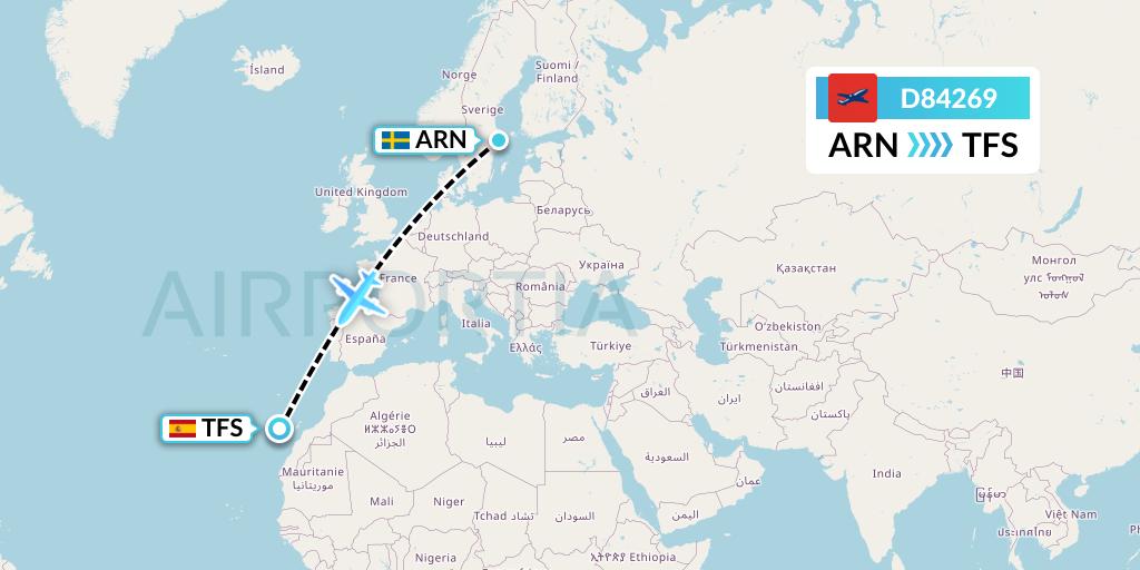 D84269 Norwegian Air International Flight Map: Stockholm to Tenerife