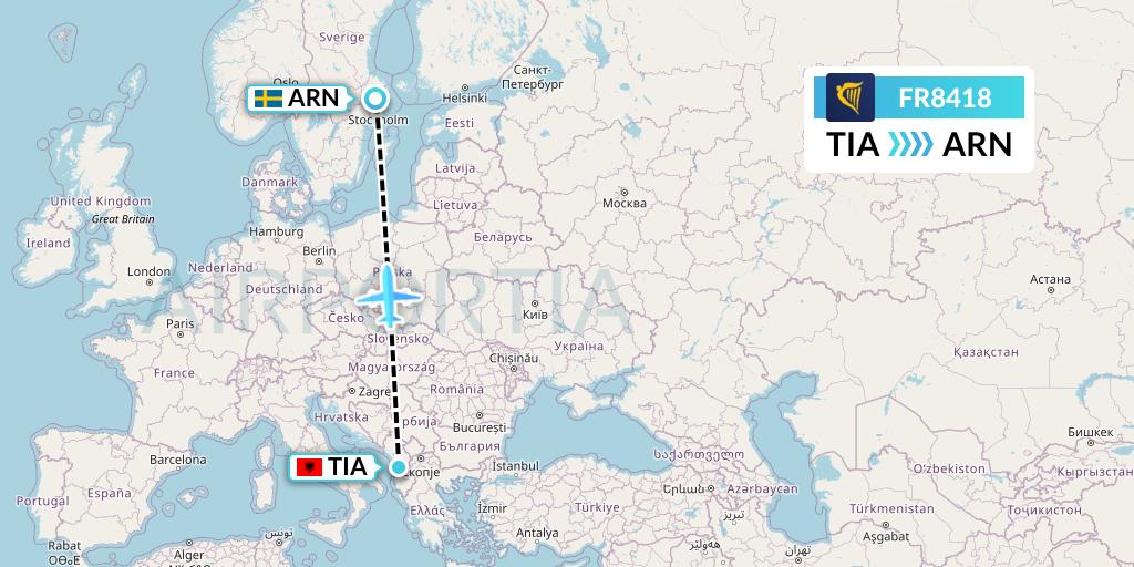 FR8418 Ryanair Flight Map: Tirana to Stockholm