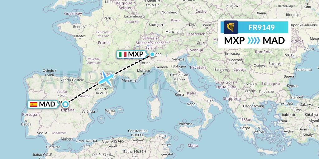 FR9149 Ryanair Flight Map: Milan to Madrid