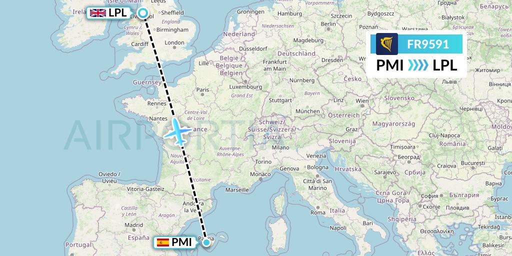 FR9591 Ryanair Flight Map: Palma de Mallorca to Liverpool