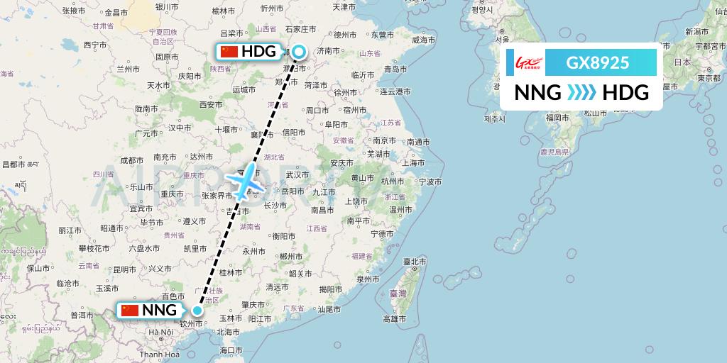 GX8925 GX Airlines Flight Map: Nanning to Handan
