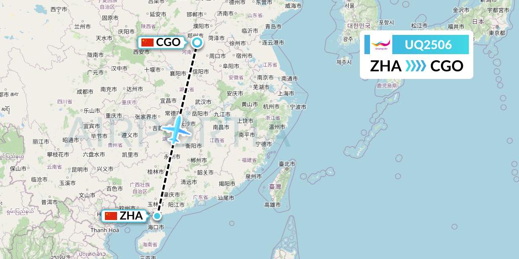 UQ2506 Urumqi Airlines Flight Map: Zhanjiang to Zhengzhou