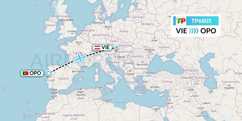 TP6805 TAP Portugal Flight Map: Vienna to Porto