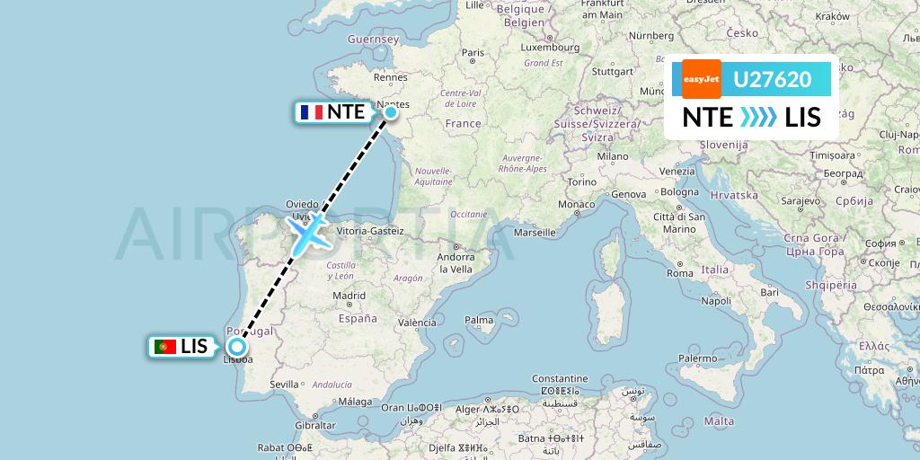 U27620 EasyJet Flight Map: Nantes to Lisbon