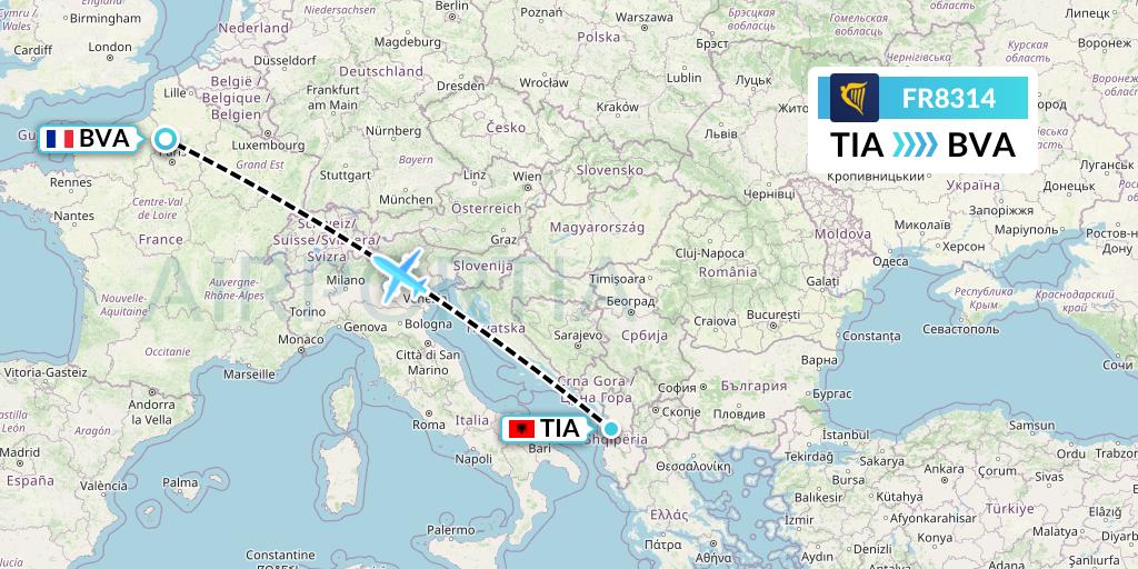 FR8314 Ryanair Flight Map: Tirana to Paris