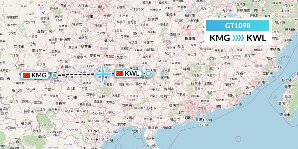 GT1098 Air Guilin Flight Map: Kunming to Guilin