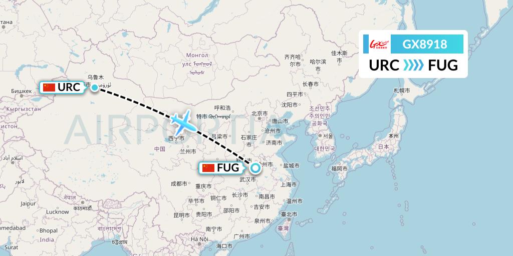 GX8918 GX Airlines Flight Map: Urumqi to Fuyang