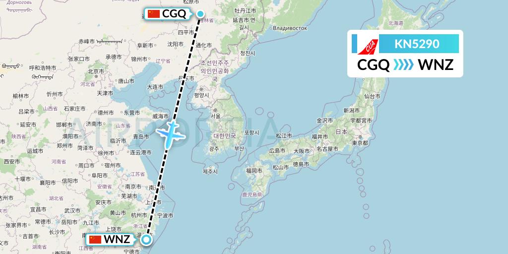 KN5290 China United Airlines Flight Map: Changchun to Wenzhou