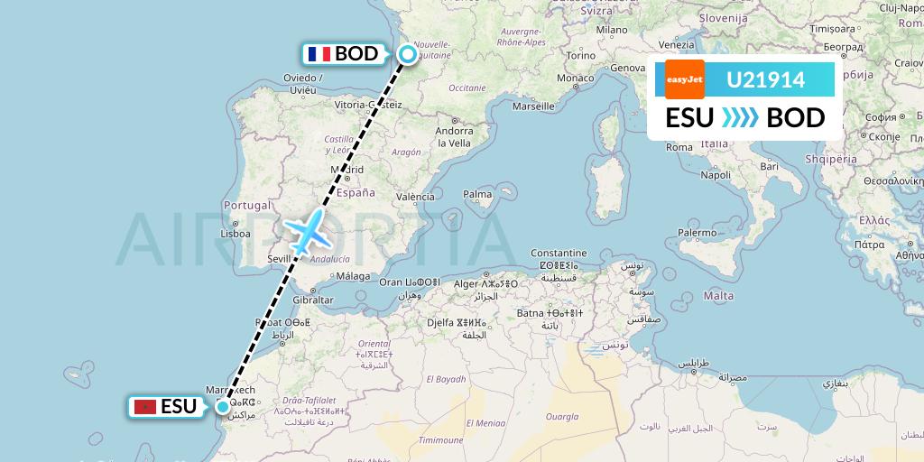 U21914 EasyJet Flight Map: Essaouira to Bordeaux