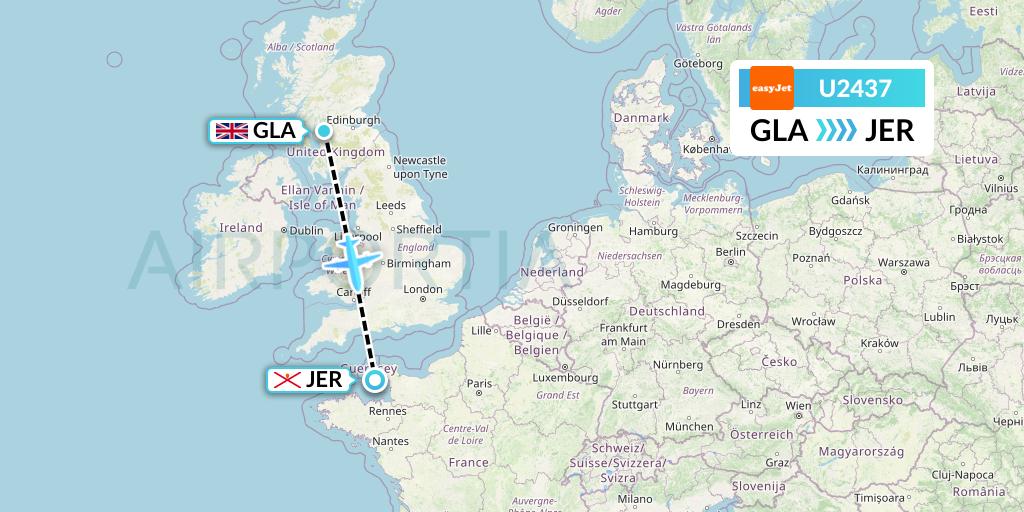U2437 EasyJet Flight Map: Glasgow to Jersey