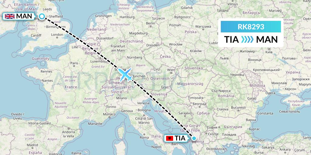 RK8293 Ryanair UK Flight Map: Tirana to Manchester