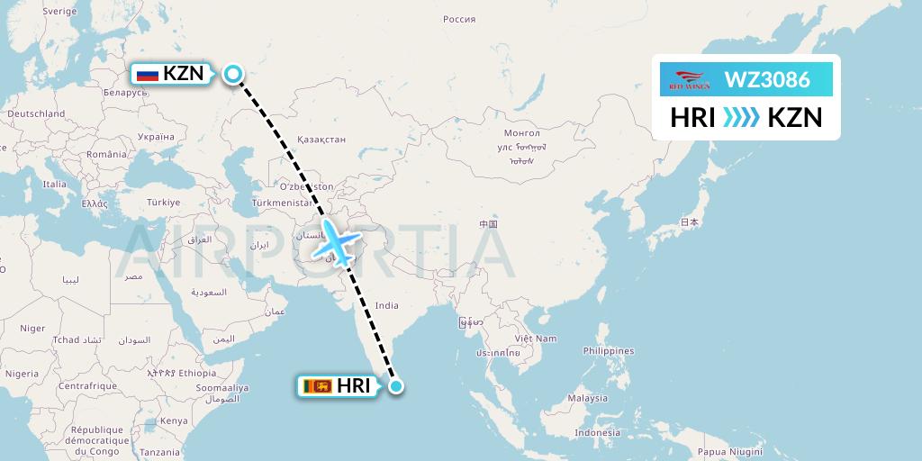 WZ3086 Red Wings Flight Map: Hambantota to Kazan