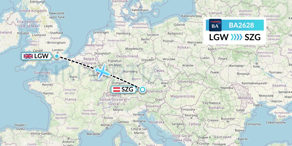 BA2628 British Airways Flight Map: London to Salzburg