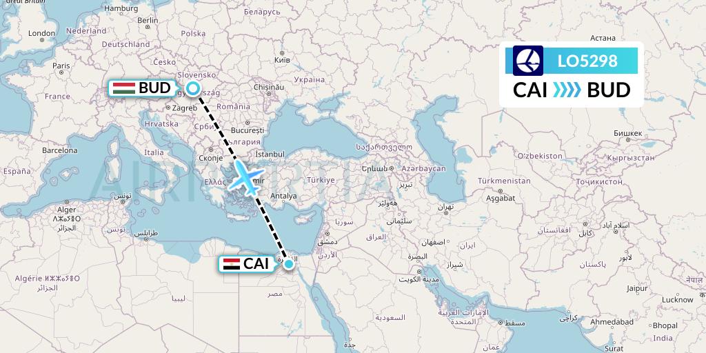 LO5298 LOT Flight Map: Cairo to Budapest