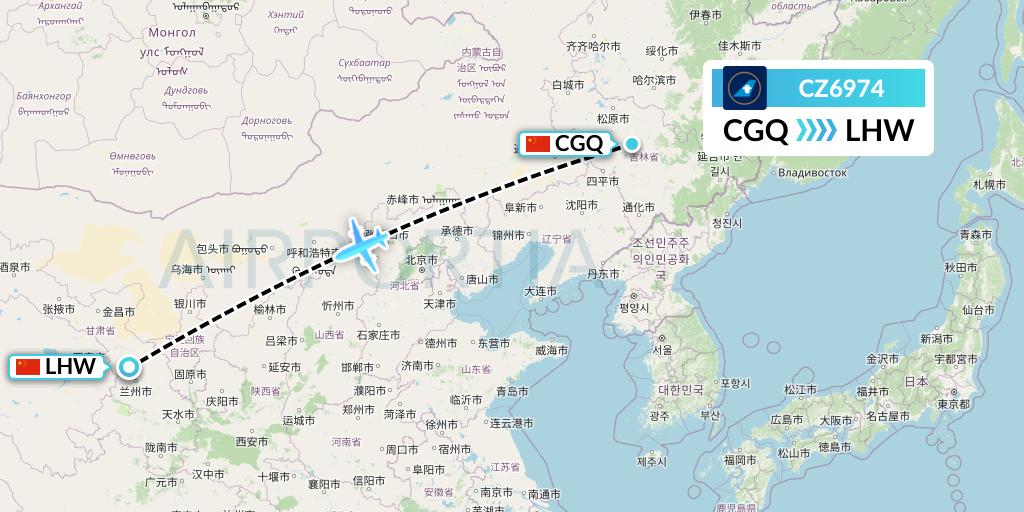 CZ6974 China Southern Airlines Flight Map: Changchun to Lanzhou