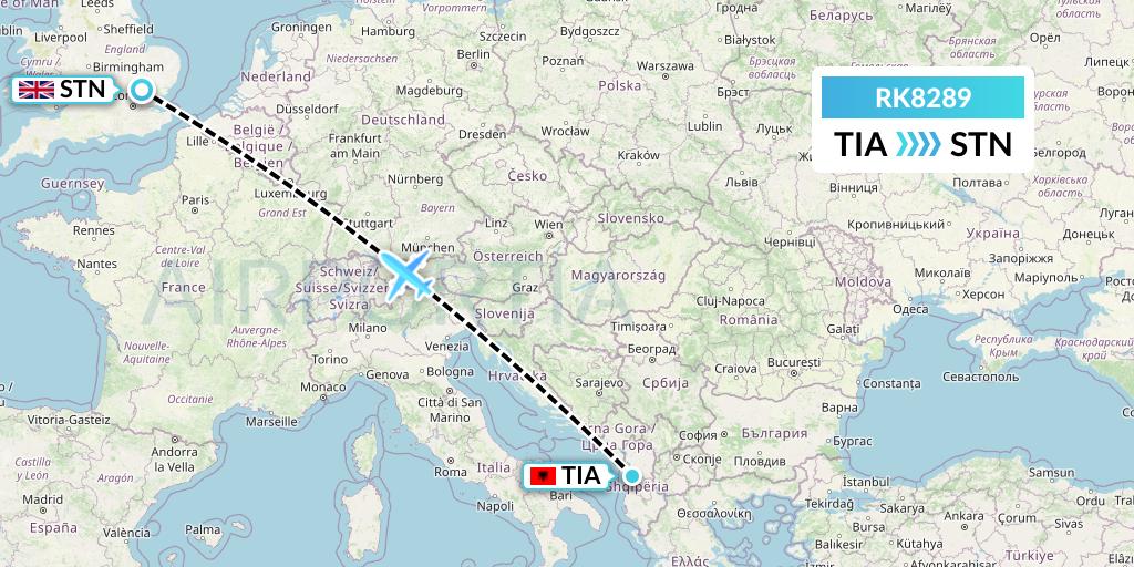 RK8289 Ryanair UK Flight Map: Tirana to London