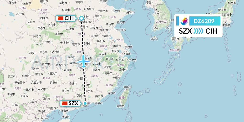 DZ6209 Donghai Airlines Flight Map: Shenzhen to Changzhi